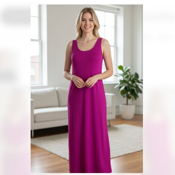 NWT LOFT RIBBED MAXI DRESS SIDE SLIT IN FUCHSIA LARGE - Picture 1 of 7